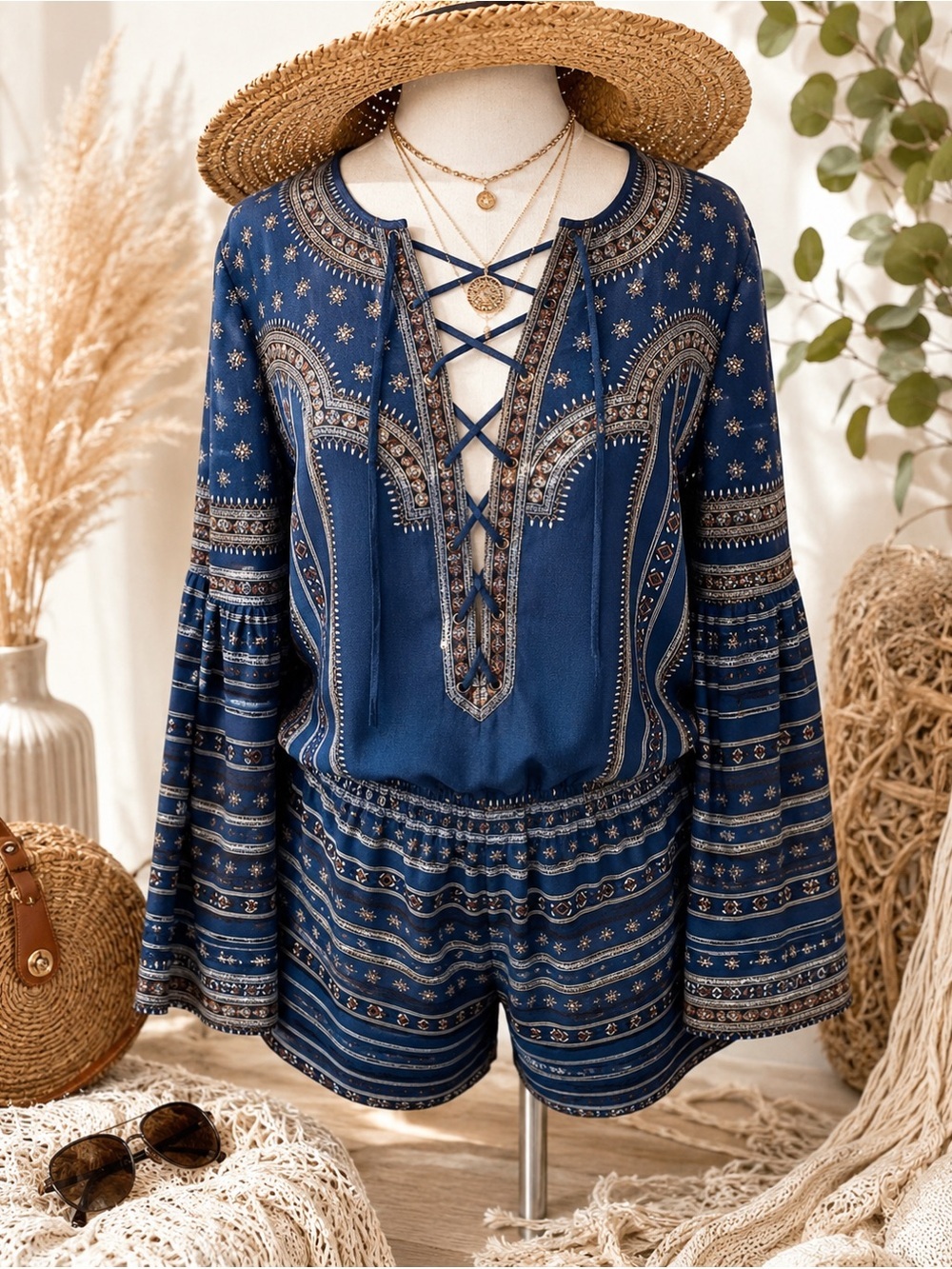 BCBGMaxAzria Blue Paisley Romper Small Bell Sleeves & Pockets Coastal Cowgirl